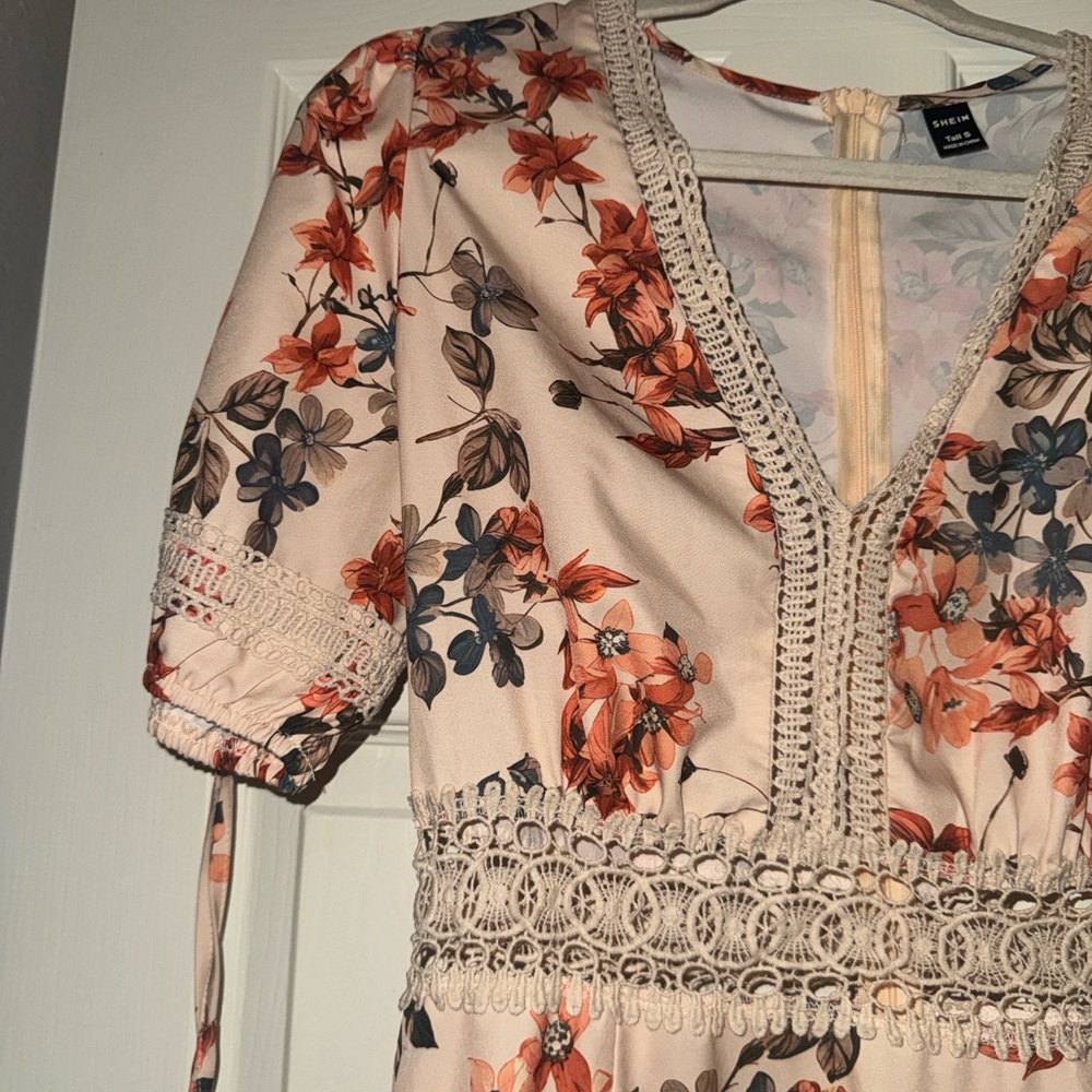 Floral V-Neck Dress with Lace Trim
